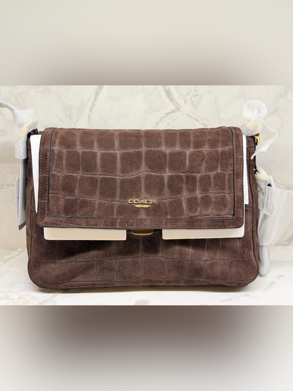 Coach Large Etta Suede Crocodile Shoulder Bag